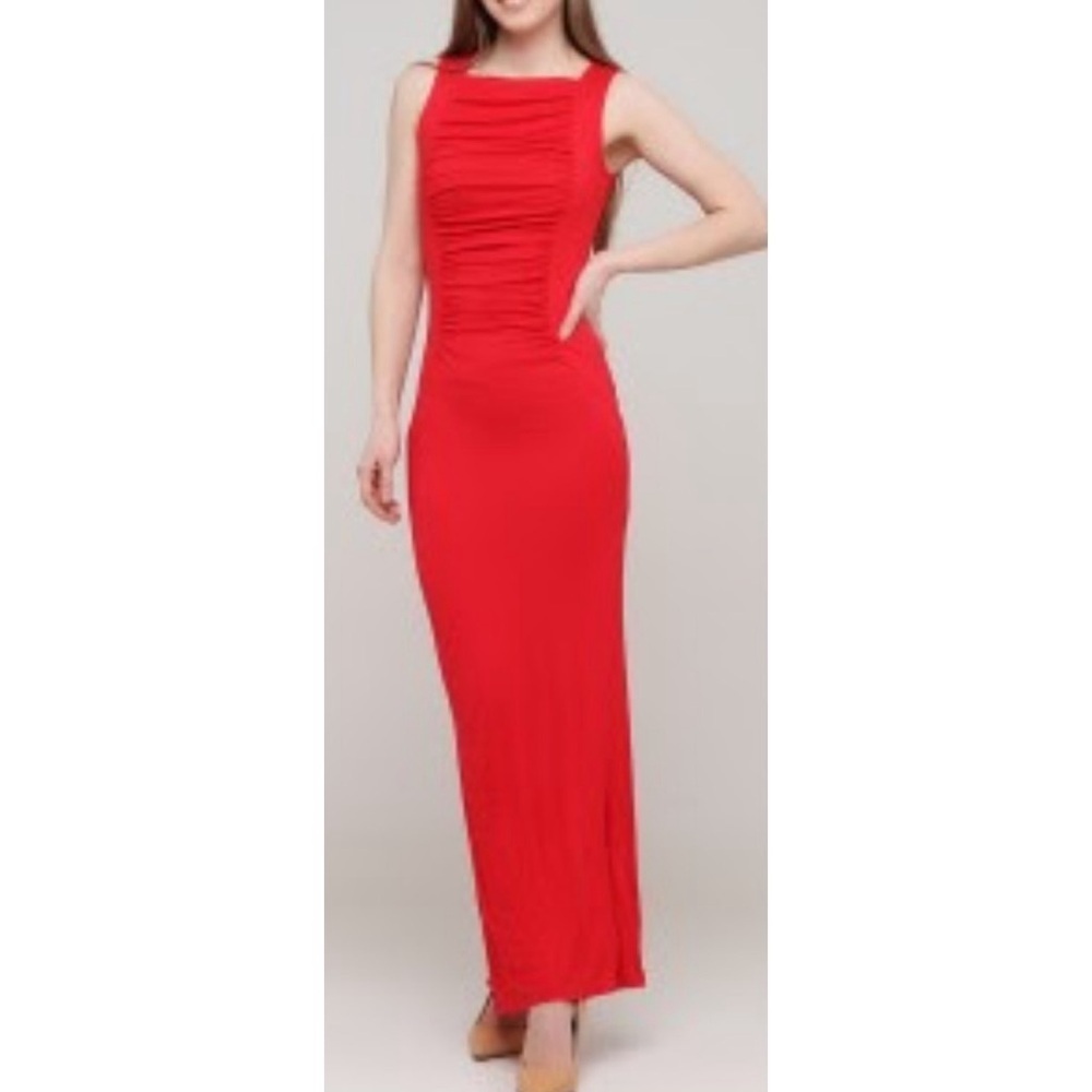 Venus Elegant Red Sleeveless Ruched Top Maxi Dress Medium